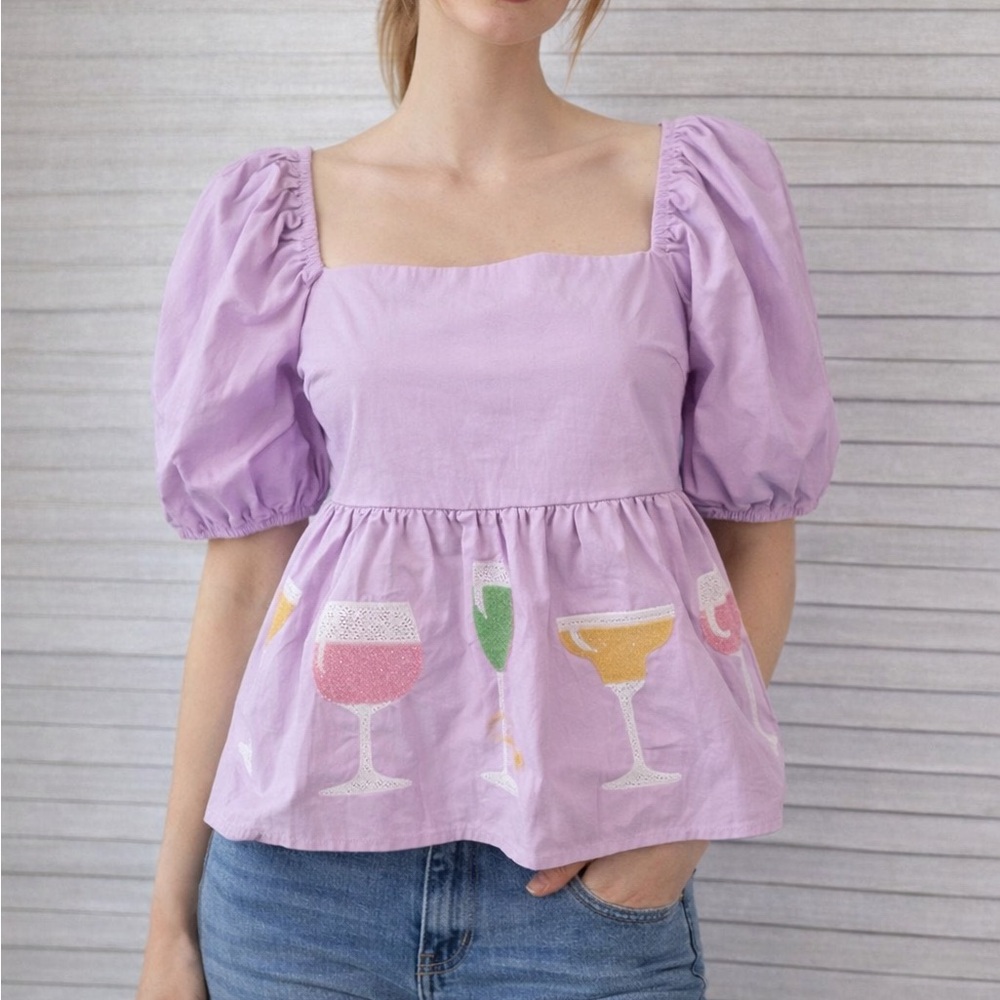 Peach Love Lavender Puff Sleeve Top with Cocktail Glass Design. NWOT. Size M